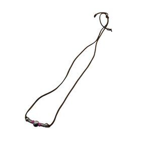 Brown Faux Suede Necklace W/ Silver & Pink Beads & Floral Design